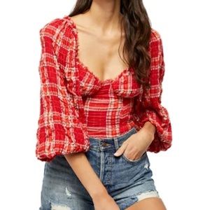 Free People Cherry Bomb Plaid/Check Blouse